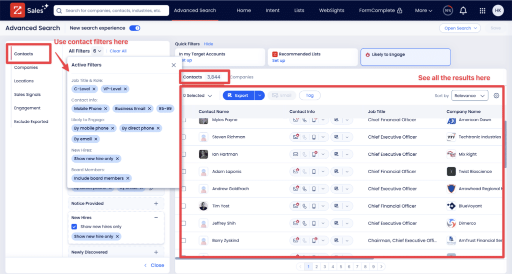 zoominfo contact filter list