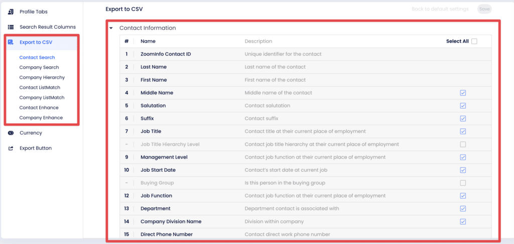 zoominfo export default settings