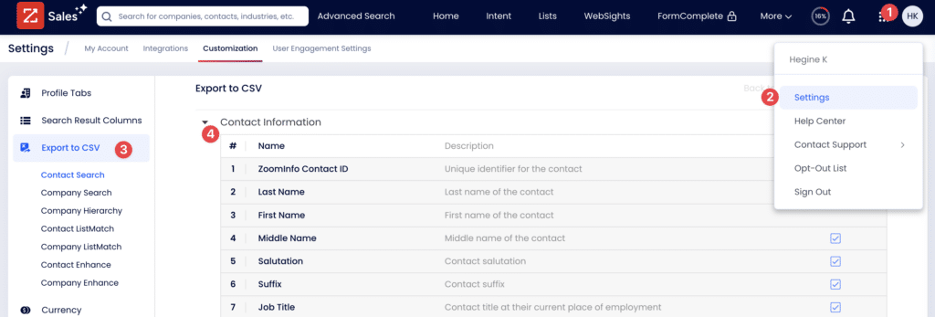 zoominfo export to csv from settings