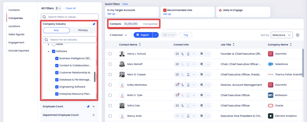 company industry filters zoominfo