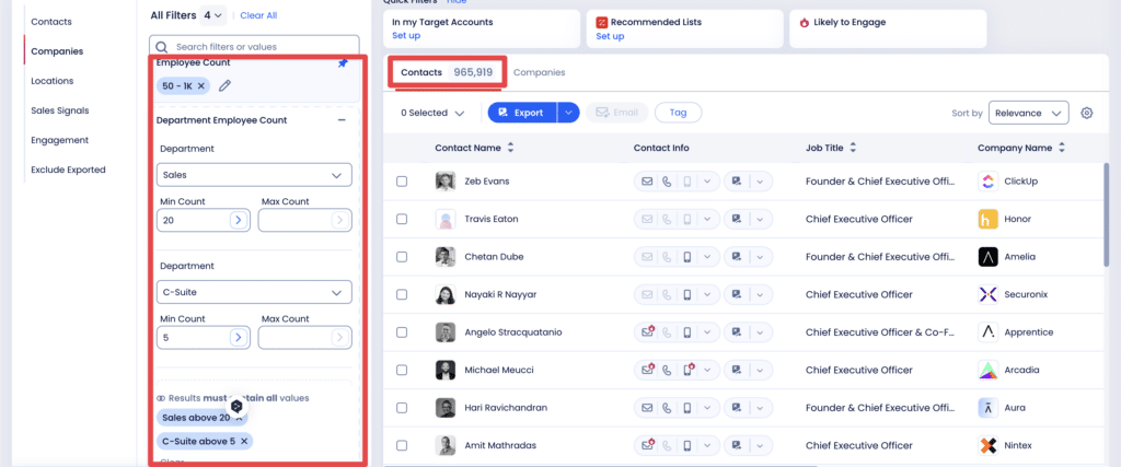 employee count filter zoominfo