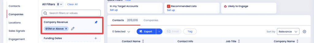company revenue filter zoominfo