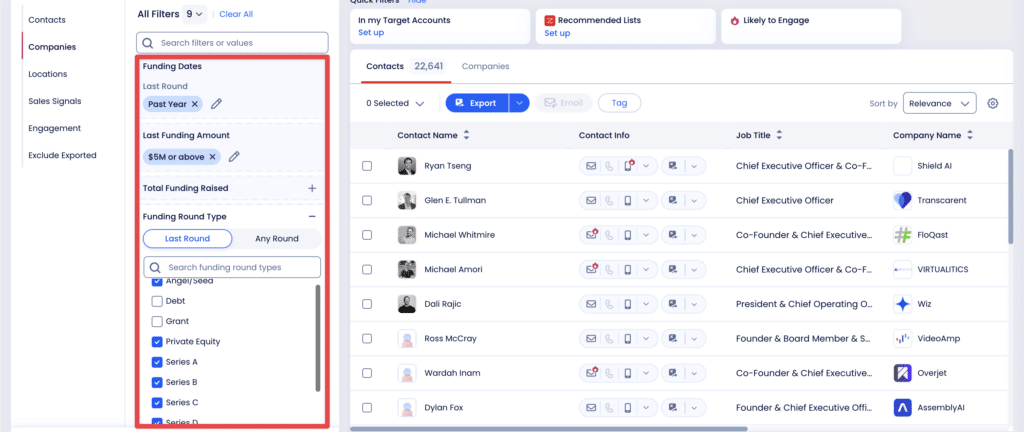 funding data and type filters zoominfo
