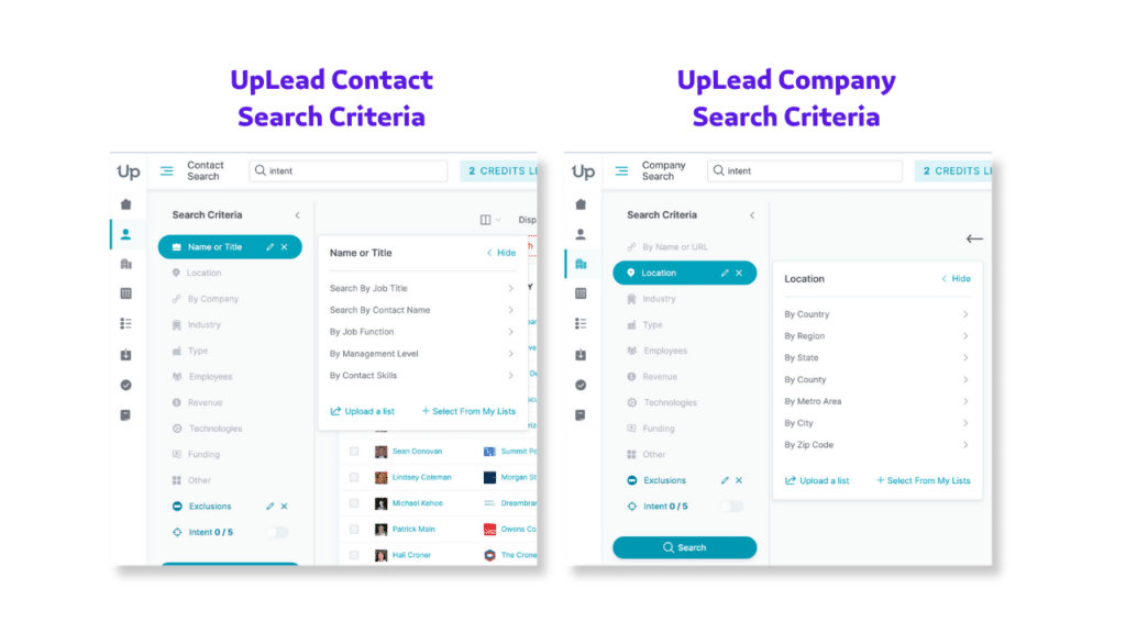 uplead contact and company search filters