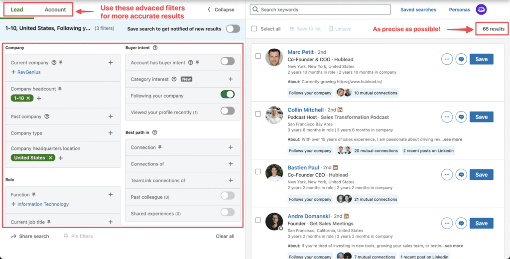 linkedin sales navigator advanced search results