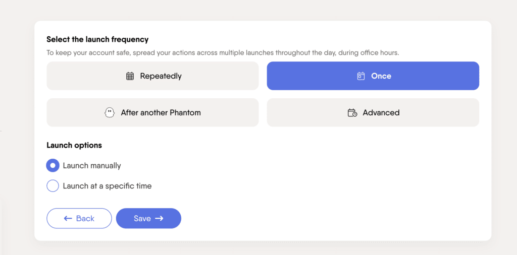 launch frequency settings on phantombuster