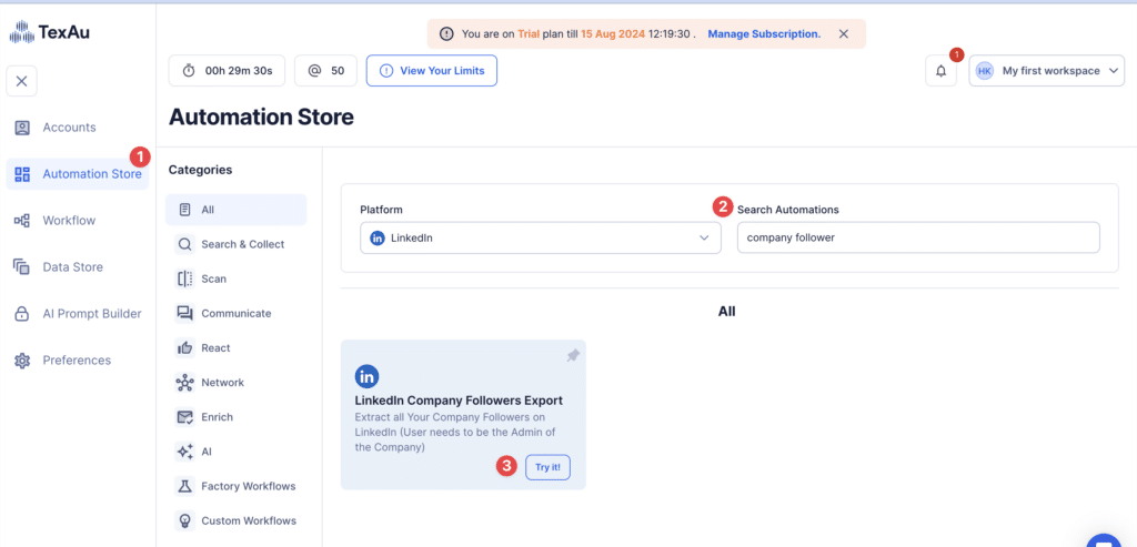 linkedin companay followers export texau automation 