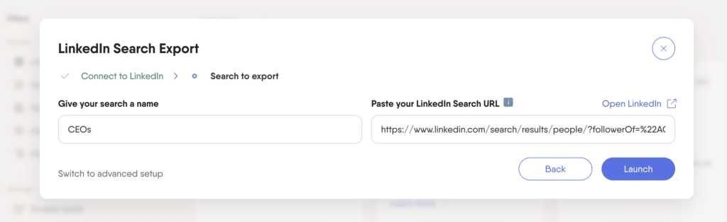 launch linkedin search exort on phantombuster
