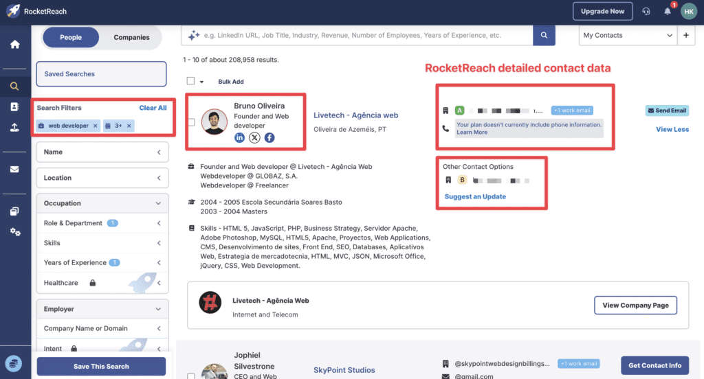rocketreach data finder contact data dashboard