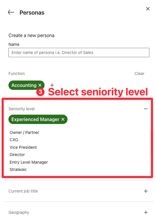 select seniority level persona sales navigator